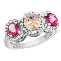 10k бяло злато естествен морганит и розови страни от топаз кръг 3-каменни пръстени диамантени акценти, размер 9.5