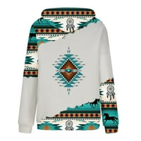 Дамски Ацтек суитшърти Шнур пуловер дълъг ръкав Етнически суитшърт Западен стил сива врана геометричен печат сива врана с джоб бял шнур
