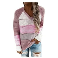 HGW пуловер за жени модни жени ежедневни пачуърк v-образно деколте с дълги ръкави пуловер блуза върхове горещо розово s