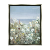 Ступел индустрии Пролет маргаритка цвете цъфти Плаж изглед към океана Живопис блясък сив плаваща рамка платно печат стена изкуство, дизайн от Сали Суатланд