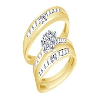 Бял естествен диамантен сватбен и годеж трио лентов пръстен, поставен в 10k жълто злато