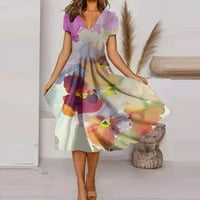 Женска мода и изцяло съвпадение на летен темперамент V-образна отпечатана рокля с къси ръкави, светло лилаво, xxxxxl