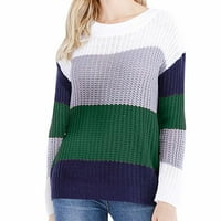 Woemns пуловер с дълъг ръкав канална модна екипаж Цветна блок на вратата плетен пуловер свободно прилягане на мек удобен джъмпер