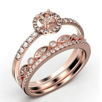 Ослепителен минималистичен 2. Катар Кръгъл Морганит и Диамантен Мосанит годежен пръстен, сватбен пръстен, две съвпадащи ленти в 10K твърда розова злато, подарък за нея, сребърен, хало трио комплект пръстен
