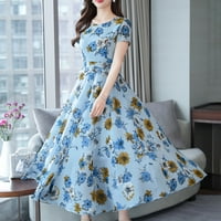 КСИ мода жени лято ретро печат дама елегантен хлабав голям случайни о-врата рокля дамски плюс размер рокли син хл