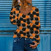Дамски врат върхове Хелоуин тиква тениски за жени котки графични Печатни риза дълъг ръкав Случайни хлабав пуловер