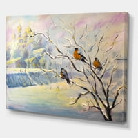 Селски Птици, Седящи На Дърво В Зимно Село Живопис Платно Изкуство Печат