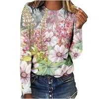 Жени летни върхове флорален модел за печат Небрежни тениски с дълъг ръкав Крюнек ризи пуловер свободна тениска блуза отворени боки сделки непоискани палети1