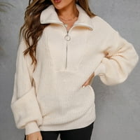 Жени ежедневни дълги ръкав половин цип пуловери пуловери солидна V Neck Collar плетен разхлабена слаба джъмпер пуловери върхове пуловери за жени пуловер на пуловер khaki l