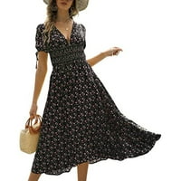 Женски рокли с къс ръкав дълъг ежедневен а-линия флорална V-образна летна рокля Black s