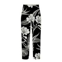 Мъжки панталони отпечатани удобни панталони Лятна хавайска еластична талия Прави панталони Черни XXL