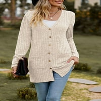 Жени V-образно деколтето от кардиган плътно цветно ребро с дълъг ръкав пуловер бутон надолу падане ежедневно меко плетено палто