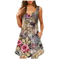 Летни рокли за жени ежедневни винтидж флорален копче за печат надолу V шия без ръкави рокля с джобове с джобове