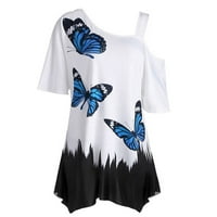 Жени студено рамо пеперуда пеперуда с къс ръкав плюс размер риза блуза върхове сини m