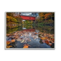 Изумена Есенна Зеленина Река Мост Пейзаж Фотография Сива Рамка Изкуство Печат Стена Изкуство