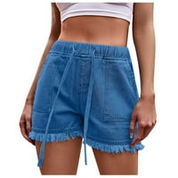 Деним шорти за жени Плюс размер клирънс под $10, дамски летни Плътен цвят Шнур френулум Свободно Време Джобни дънки дънкови панталони ежедневни шорти