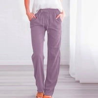 Жени ежедневни памучни панталони спокойно прилепване на теглене с висока талия прав крак свободен плътно цветово салон дълги панталони