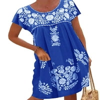Voguele жени туника рокли с къс ръкав Midi рокля флорален принт Лятна плаж Sundress Holiday Sexy Royal Blue XL