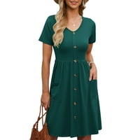 Wefuesd дамски рокли за модни рокли за жени летни ежедневни рокли с къс ръкав бутон надолу по дължина на коляното с джобове зелено m