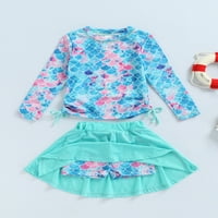 Sunisery Kids Girls Summer Swickwear Mermaid Print дълъг ръкав плувни върхове+панталони летен бански костюм