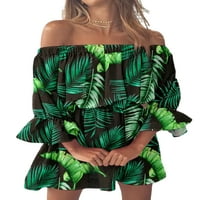 Вогуеле Дамски къси рокли с половин ръкав мини рокля на разстояние рамо летен плаж лятна рокля парти ежедневни зелени Принт 2ХЛ
