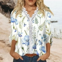 Тениска от тениска на Caveitl, жени модни отпечатани ежедневни V-образни ръкави Рухуни тениска блуза върхове бяло, m