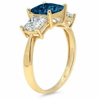 2. КТ брилянтна принцеса рязана естествена Лондонска синя Топаз 14к жълто злато пасианс с акценти три камък пръстен СЗ 7.5