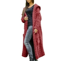 Xinqinghao Cardigan палто за жени жени ежедневни зимни солидни плетени хлабави качулки дълги жилетка пуловер джобно палто жени жилетка горещо розово m