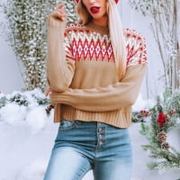 Обезмаслени дамски пуловери модни ежедневни ретро цветове контраст печат плетене с дълъг ръкав кръгъл пуловер