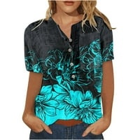 Тениски за створ за жени свободни модни модни кръгли шия къса ръкав бутон за печат джоб джобни върхове просвет