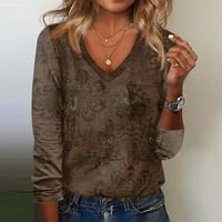 Homchy пуловер Топ женски копче върхове за жени блузи женски ежедневни върхове с дълъг ръкав v шия модна печат риза върхове джобни тениски пуловер върхове върхове