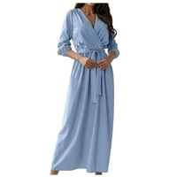 Дамски плюс размер рокля v-образен солиден цвят с дълги ръкави темперамент дантелена талия тънка пола рокля светло синьо xxl