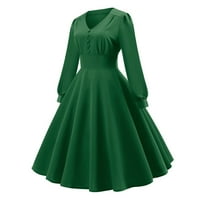 Коктейлни рокли за жени сватба за гости Абитуриентска рокля солиден цвят дълъг ръкав v врат ретро висока талия, което прави рокля зелено xxl