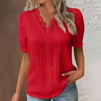 Дамски Блузи С Къс Ръкав Дамски Блузи Ежедневни Плътен Цвят Ризи В-Деколте Лято Червено С