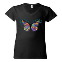 Цветна пеперуда О, пеперуда на шепот крила, любител на животни Жени, стандартен тройник с V-образно деколте, черно, X-голям