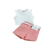 Calsunbaby Kids Girl Summer Clothes, плътно оребрена жилетка + еластични къси панталони + комплект чанта за талия 6m-4t