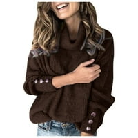Модни жени с лък яка твърд цвят бутони ръкав плетен ежедневен пуловер топло топ кафе xxl