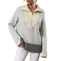 Половин цип пуловер жени дълги ръкави пуловери цветен блок, съвпадащ с разхлабени небрежни топли плетани джъмперни върхове