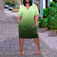 Жена рокли ежедневни зелен Полиестер, Спанде Ежедневни рокли за жени Плюс размер в врата удобни рокли къс ръкав коляното отпечатани линия Суинг миди рокля ШЛ