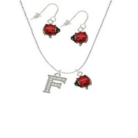 Заядете бижута Silvertone Crystal Initial - F - Червен късметлия Ladybug Коела и комплект обеци