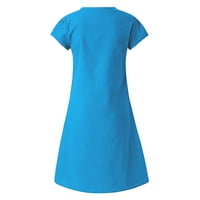 Дамски рокли къс ръкав средна дължина Мода А-линия масивна в-врата лятна рокля небесно синьо М