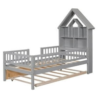 Двойна платформа легло с табла за рафт за книги, дървена рамка с форма на къща с оградни гарнитури и издърпване